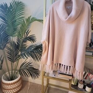 COPY - New York and Company Blush Pink Fringe Poncho Fall Sweater